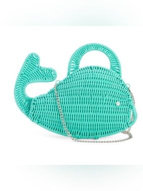 NWT Whale-Shaped Wicker Crossbody Bag Turquoise blue straw